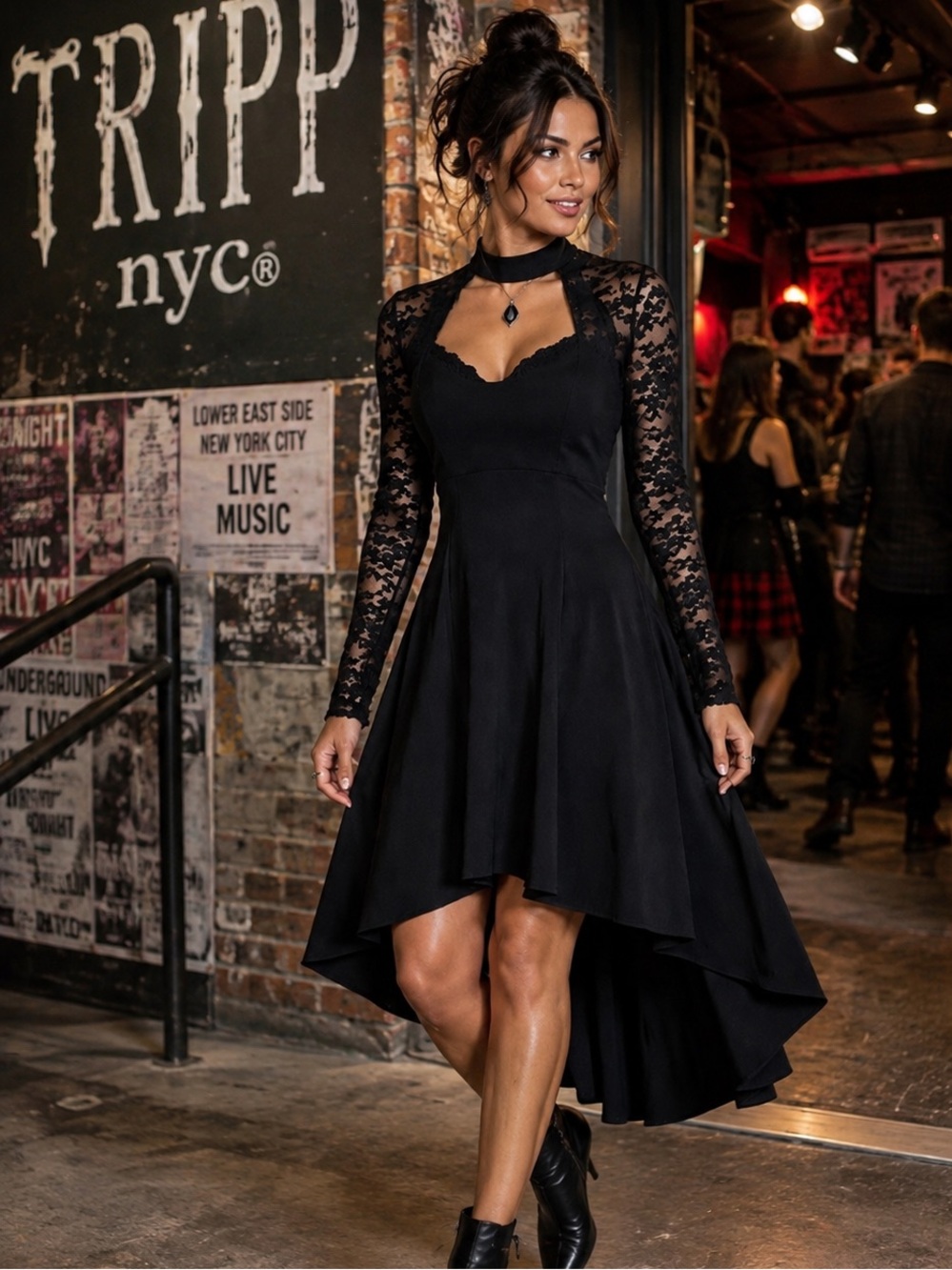 TRIPP NYC Daang Goodman Black Hi-Lo Lace Hem Dress Mock Neck Gothic Size S - Picture 3 of 10